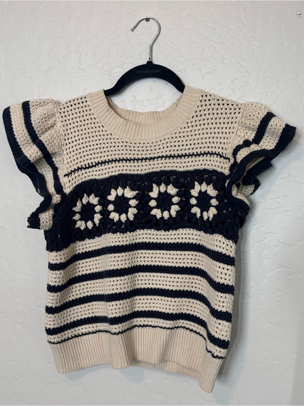 Miss Love Crochet Stripe Ruffle Sleeve Sweater Top Cream Black Women's Medium